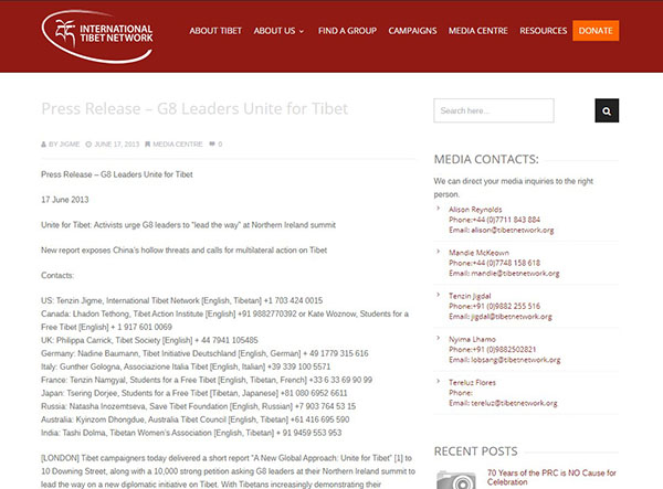 Press Release – G8 Leaders Unite for Tibet