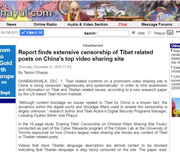 Report finds extensive censorship of Tibet related posts on China’s top video sharing site