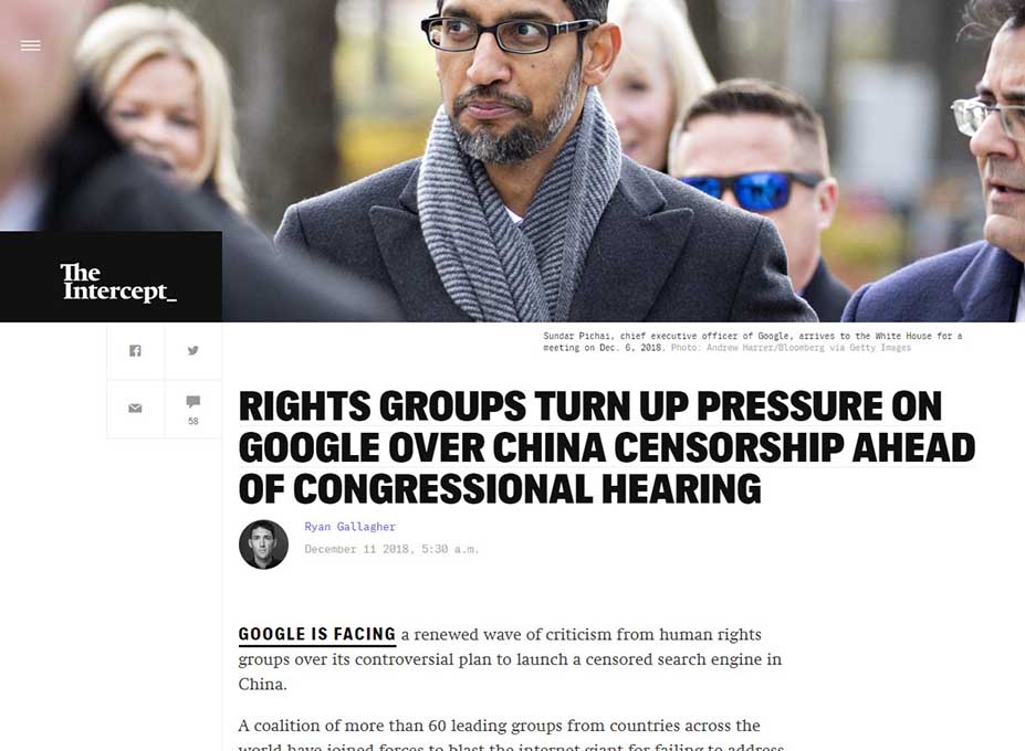 RIGHTS GROUPS TURN UP PRESSURE ON GOOGLE OVER CHINA CENSORSHIP AHEAD OF CONGRESSIONAL HEARING